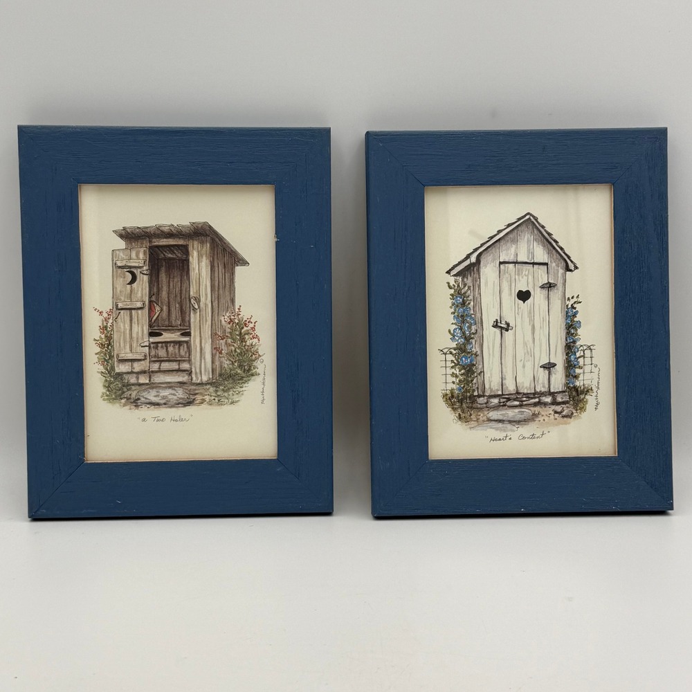 Martha Hanson Outhouse Prints Set 2 Heart's Content A Two Holer Blue Frames 8x10